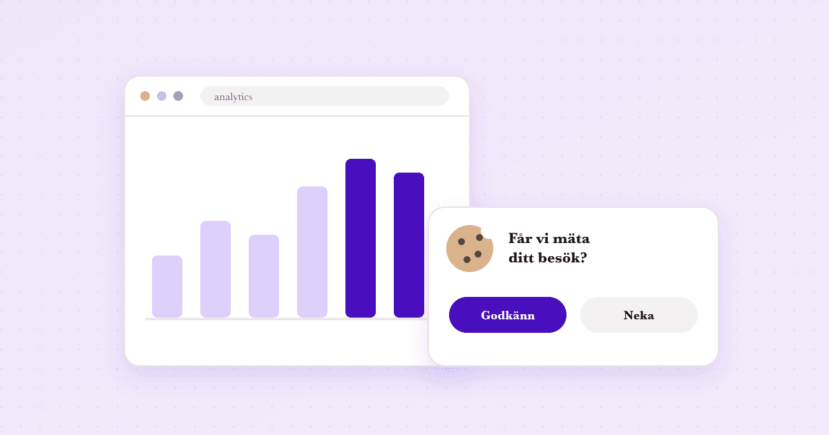 Ett statistikdiagram bredvid en cookiebanner som frågar ”Får vi mäta ditt besök?” med knapparna Godkänn och Neka.