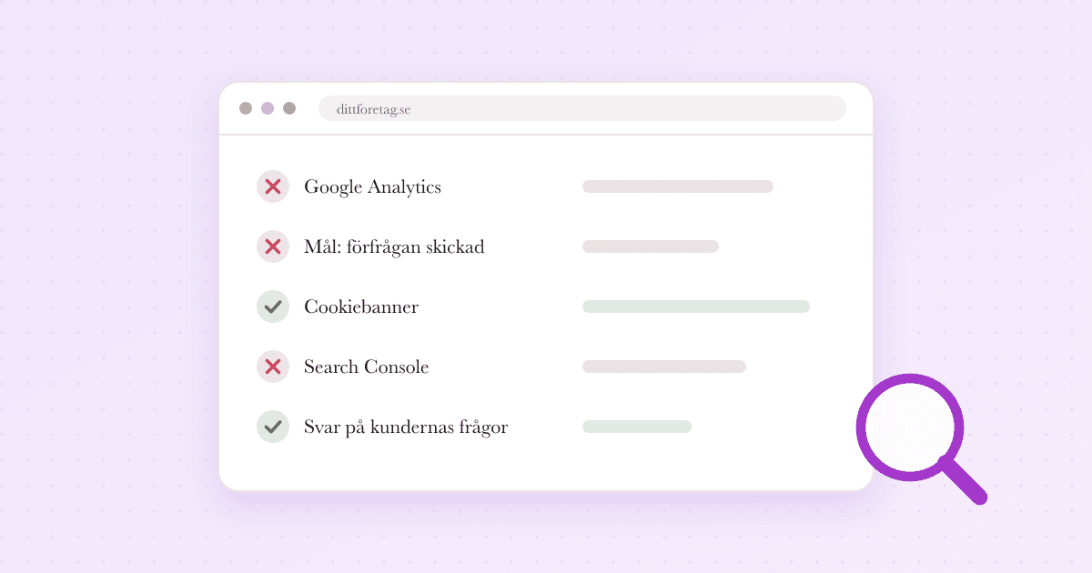 En hemsida som checklista: Google Analytics, mål och Search Console saknas, cookiebanner och svar på kundernas frågor finns.